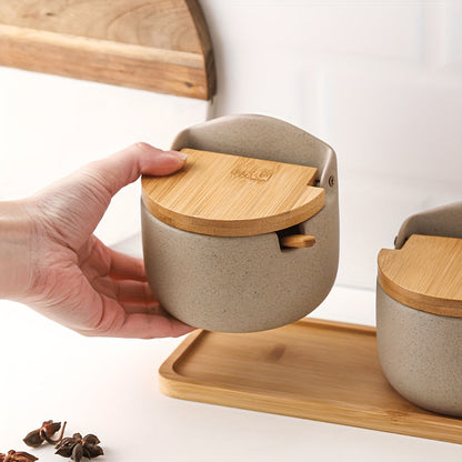 Japanese Ceramic Seasoning Jar Set – Elegant Salt and Sugar Containers with Bamboo Lids for Organized and Stylish Kitchen or Restaurant Use