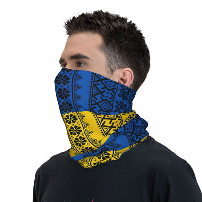 Ukrainian Pattern Bandana – Soft Stretch Knit Neck Scarf in Blue & Yellow for Winter Warmth or Outdoor Fishing Trips