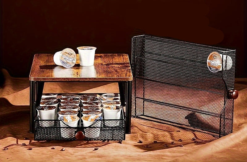 Double Storage Coffee Station Organizer – Black Wooden K-Cup Holder with Two-Tier Design, Ideal Countertop Organizer for Pods, Sugar, Creamers, and Coffee Accessories