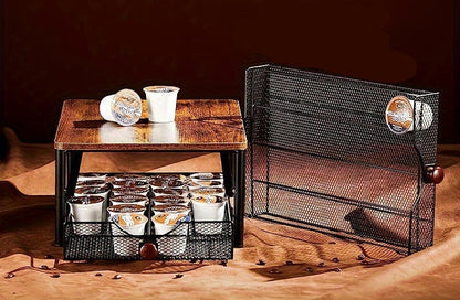 Double Storage Coffee Station Organizer – Black Wooden K-Cup Holder with Two-Tier Design, Ideal Countertop Organizer for Pods, Sugar, Creamers, and Coffee Accessories