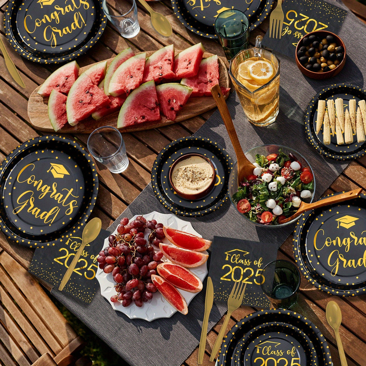 Class of 2025 Graduation Dinnerware Set – Black Gold Silver Disposable Party Plates, Cups & Cutlery for 30 Guests
