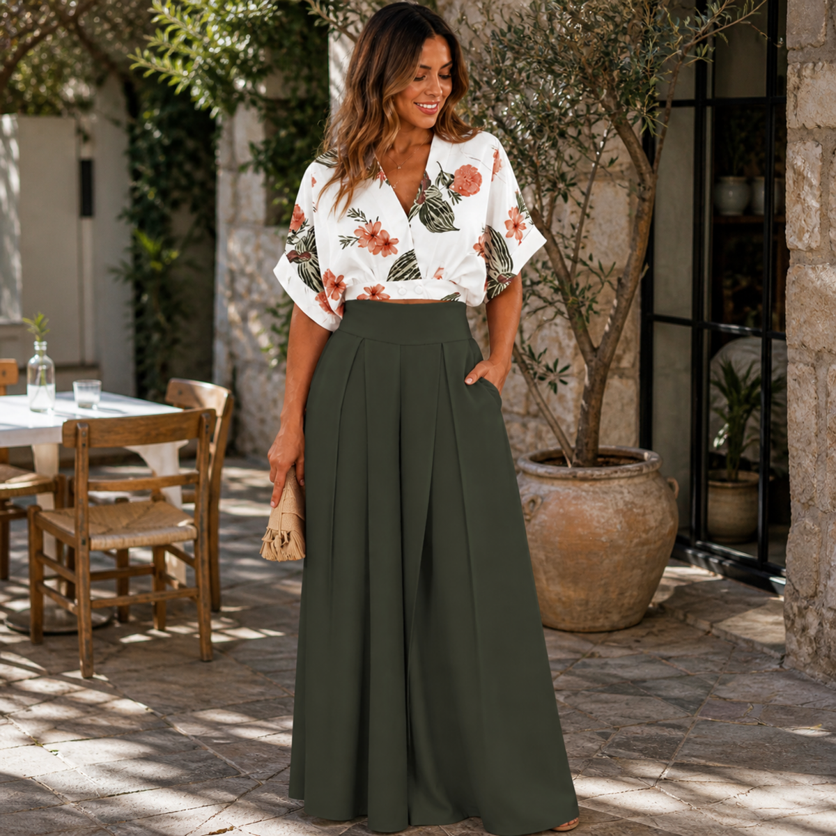 Casual Two Piece Outfit – Women’s V-Neck Top and Wide Leg Pants Set, Loose Fit Streetwear Fashion for Everyday Style
