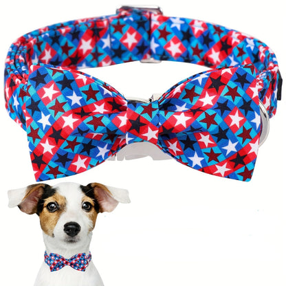 Patriotic American Stars Dog Collar with Bow – Adjustable 4th of July Pet Collar for Small & Large Dogs, Independence Day Accessory