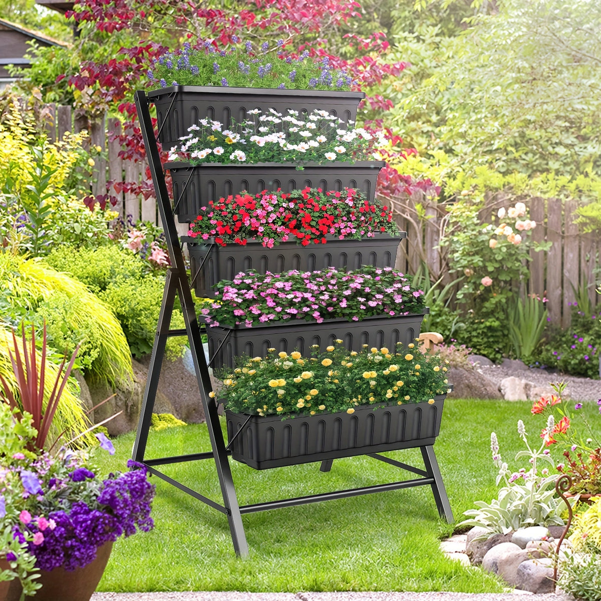 Five Tier Vertical Garden Planter Box – 4 Feet Space-Saving Wall Grower for Herbs, Flowers, or Veggies that Beautifies Small Areas