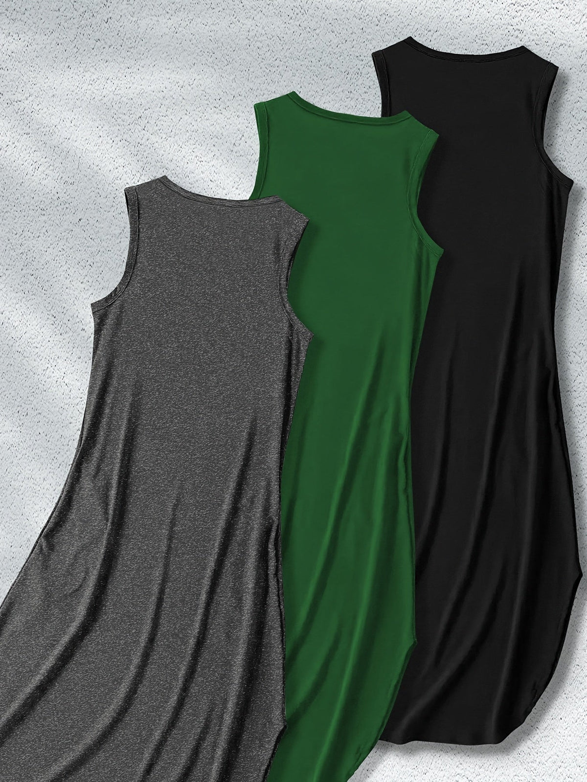 Women’s Sleeveless Maxi Dresses - 3pcs Casual Stretchy Solid Color Outfits, Polyester Blend with Side Slit, Machine Washable, Comfortable and Stylish for All-Season Everyday Wear