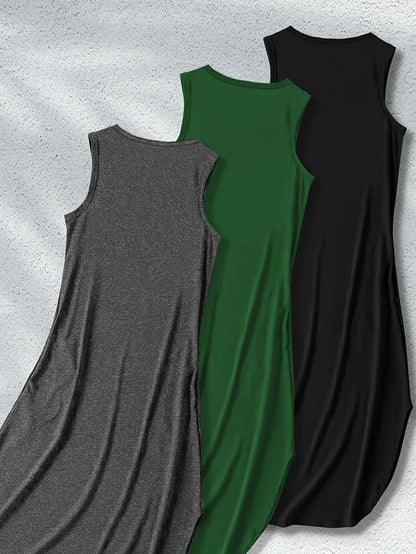 Women’s Sleeveless Maxi Dresses - 3pcs Casual Stretchy Solid Color Outfits, Polyester Blend with Side Slit, Machine Washable, Comfortable and Stylish for All-Season Everyday Wear