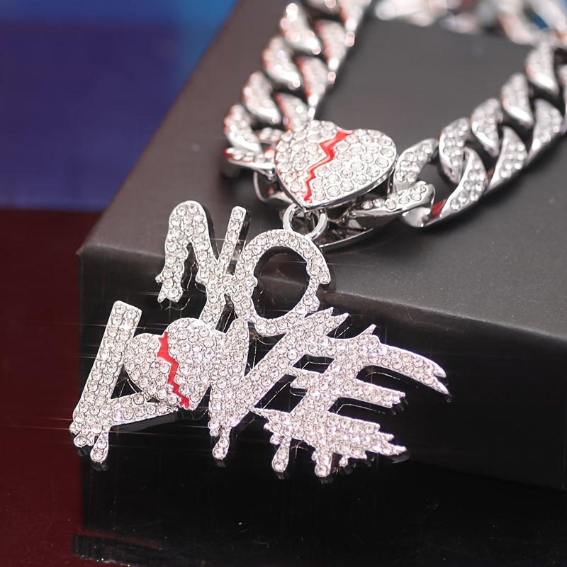 Shiny No Love Pendant Necklace – Iced Cuban Chain Hip Hop Jewelry for Men and Women Streetwear Style Gifts