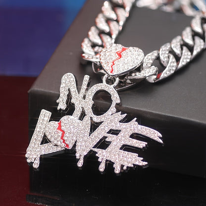 Shiny No Love Pendant Necklace – Iced Cuban Chain Hip Hop Jewelry for Men and Women Streetwear Style Gifts