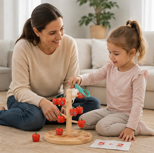 Montessori Apple Tree Counting Toy – Wooden Math Learning Game for Number Recognition and Early Education