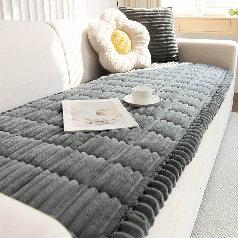 Thick Quilted Plush Sofa Cushion Cover – Non-Slip, Pet-Friendly, All-Season Living Room Essential with Ruffled Trim