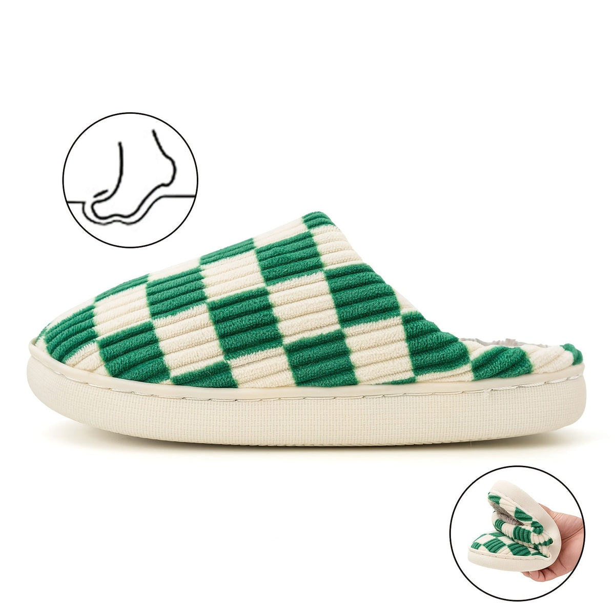 Women’s Plush Winter House Slippers – Warm Checkered Faux Fur Indoor Outdoor Non-Slip Bedroom Shoes