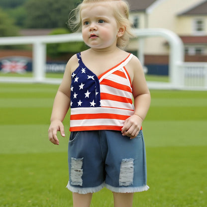 Toddler Girls’ Independence Day Outfit – Sleeveless Ribbed Top & Ripped Denim Shorts Patriotic Summer Set for Kids Fashion