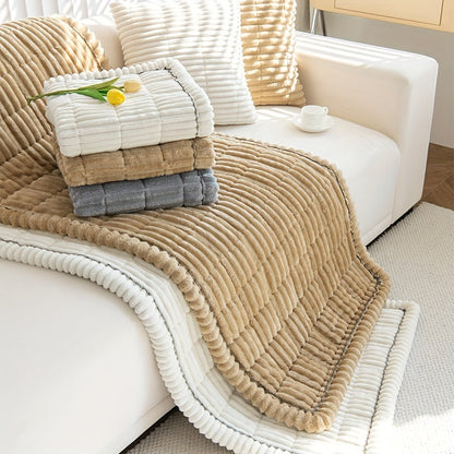 Thick Quilted Plush Sofa Cushion Cover – Non-Slip, Pet-Friendly, All-Season Living Room Essential with Ruffled Trim