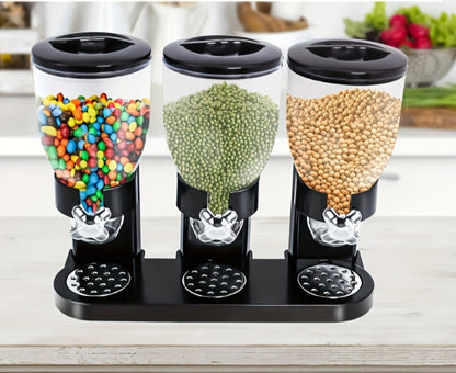 Three Grain Cereal Dispenser – Modern Black Kitchen Organizer with Snack Storage for Breakfast, Pantry, and Family Convenience