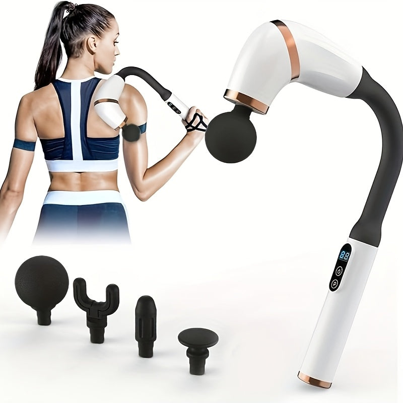 Rechargeable Deep Tissue Massage Gun – Long U-Shaped Handle with 4 Heads for Full-Body Relief, Muscle Recovery & Pain Therapy