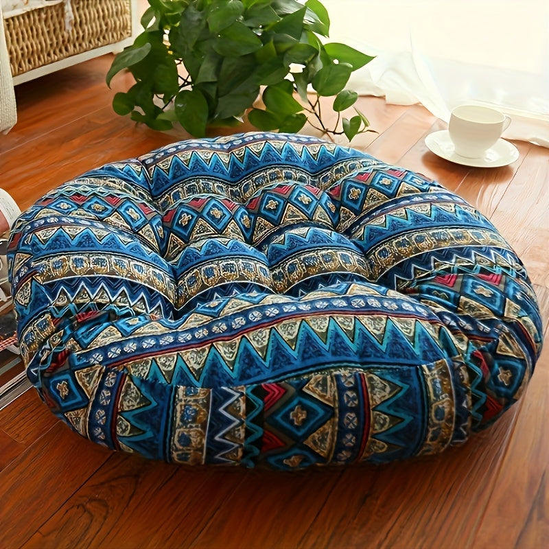 Bohemian Round Floor Cushion – Thick Cotton Linen Futon Pillow with Blue Floral Pattern, Perfect for Yoga, Meditation, Bay Window Seating, or Cozy Living Room Decor