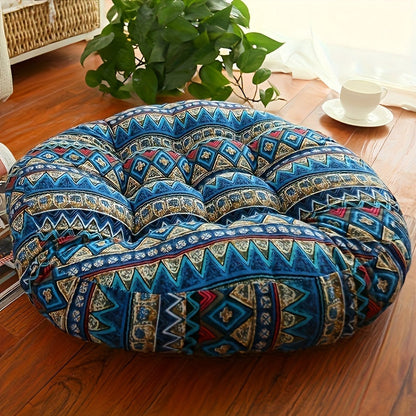 Bohemian Round Floor Cushion – Thick Cotton Linen Futon Pillow with Blue Floral Pattern, Perfect for Yoga, Meditation, Bay Window Seating, or Cozy Living Room Decor