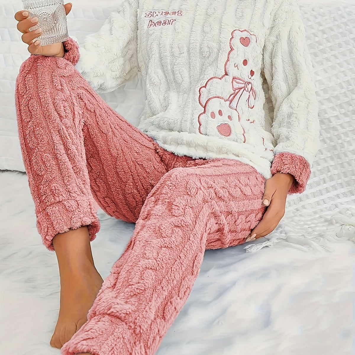 Cute Fleece Teddy Pajama Set for Women – Cozy Cartoon Embroidered Crew Neck Top & Pants for Winter Comfort