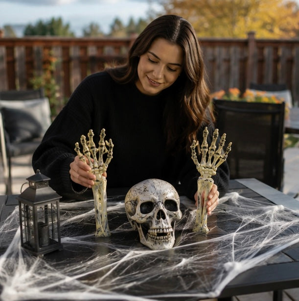 Halloween Skeleton Hand Props – Realistic Plastic Human Bone Decorations for Garden, Patio, Outdoor Lawn, and Haunted Party Displays