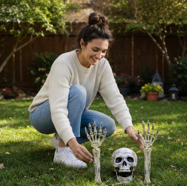 Halloween Skeleton Hand Props – Realistic Plastic Human Bone Decorations for Garden, Patio, Outdoor Lawn, and Haunted Party Displays