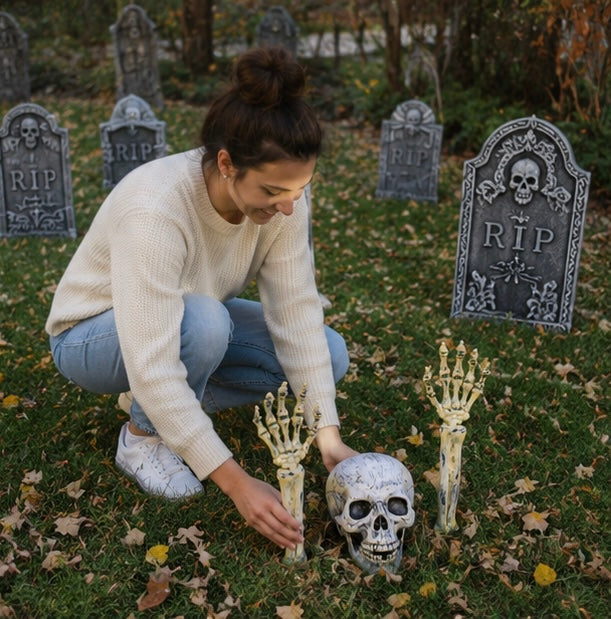 Halloween Skeleton Hand Props – Realistic Plastic Human Bone Decorations for Garden, Patio, Outdoor Lawn, and Haunted Party Displays