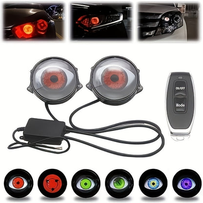 Devil’s Eyes LED Car Lights – 6-Mode Dynamic Demon Eye Lens, USB-Powered 12V Automotive Bulbs with Adjustable Patterns for Custom Car Lighting