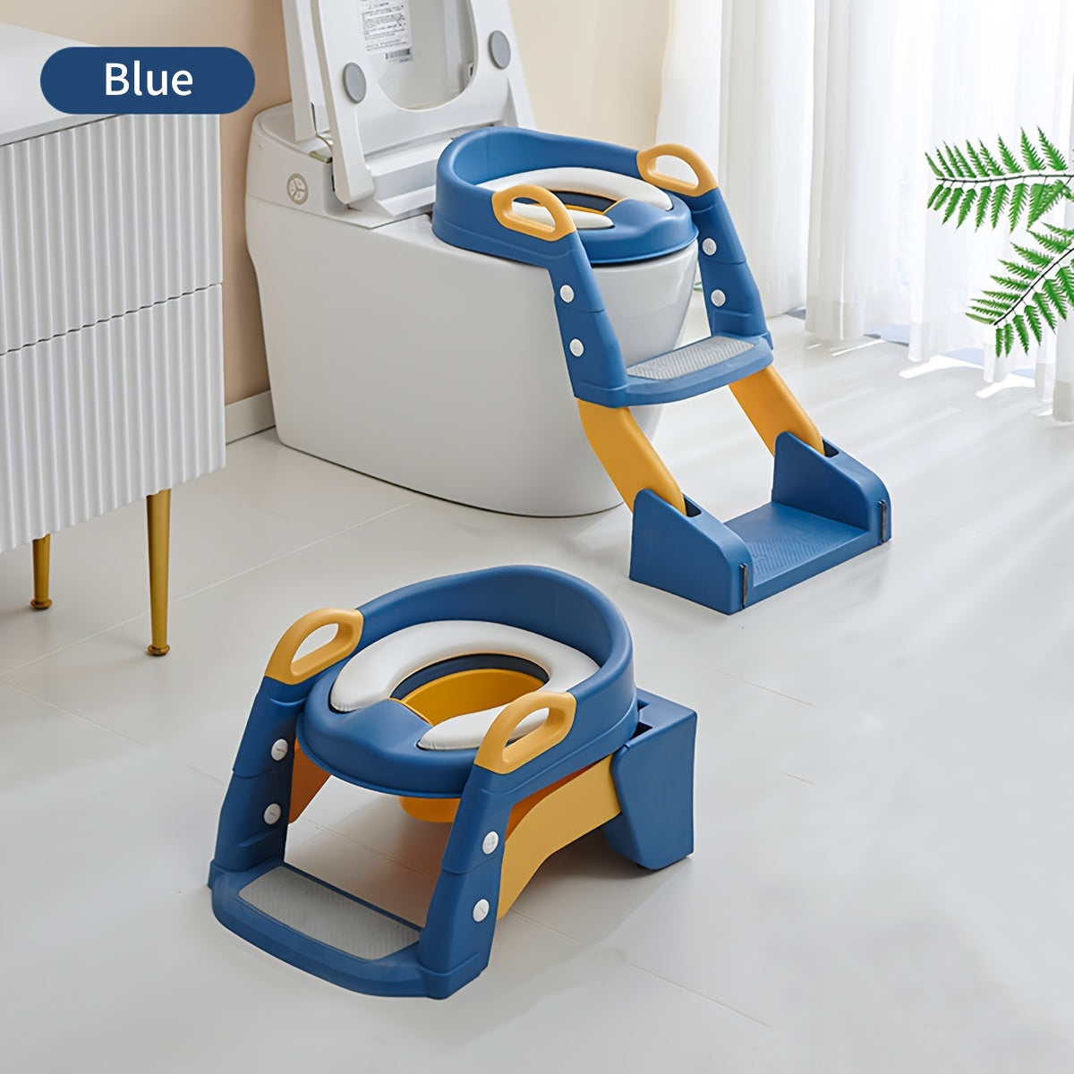 2-in-1 Toddler Toilet Ladder Seat and Floor Potty – Folding, with Removable Basin