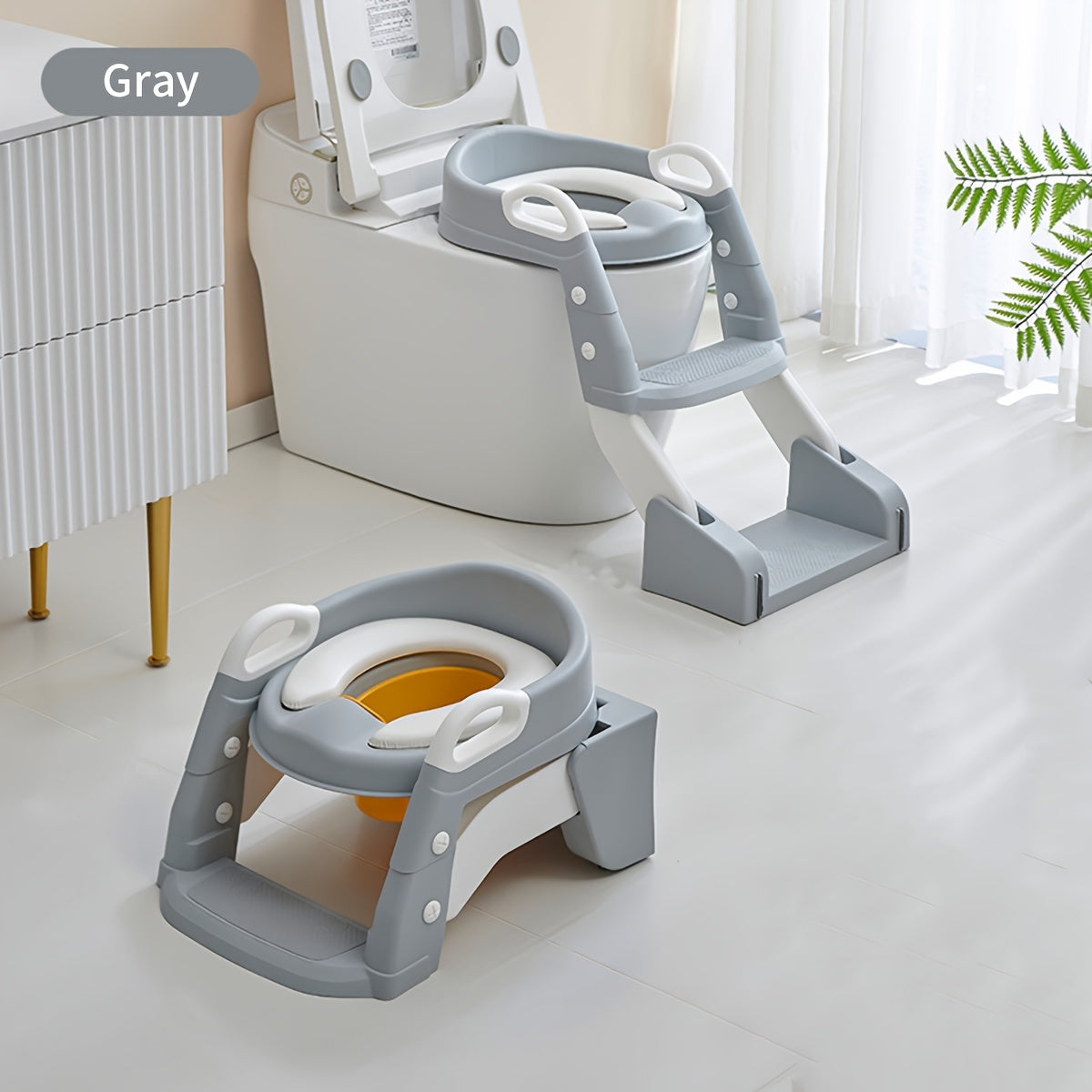 2-in-1 Toddler Toilet Ladder Seat and Floor Potty – Folding, with Removable Basin