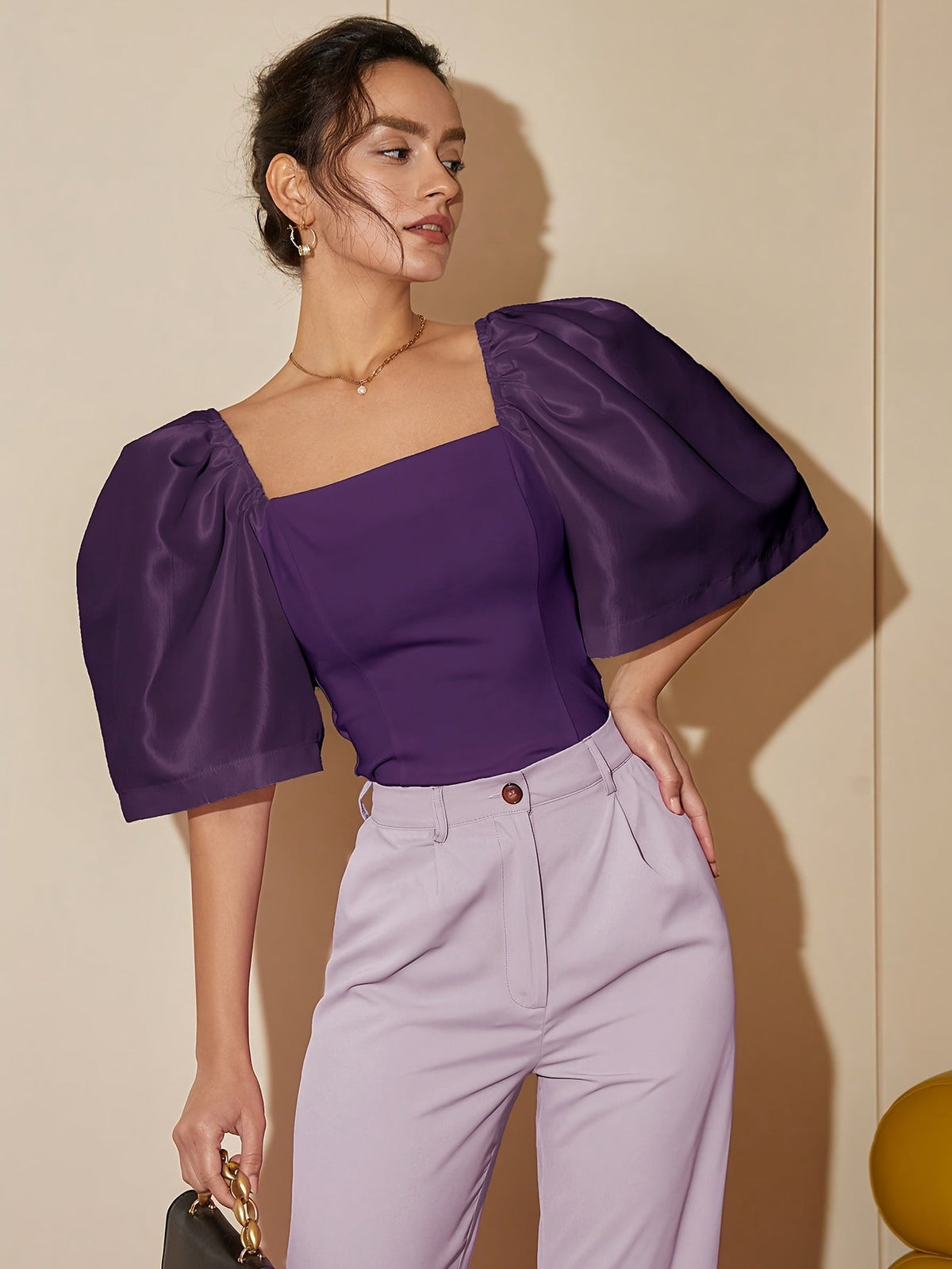 Chic Square Neck Lantern Sleeve Blouse – Woven Polyester Women’s Fashion Top for Spring/Summer Street Style with a Flattering Skinny Fit