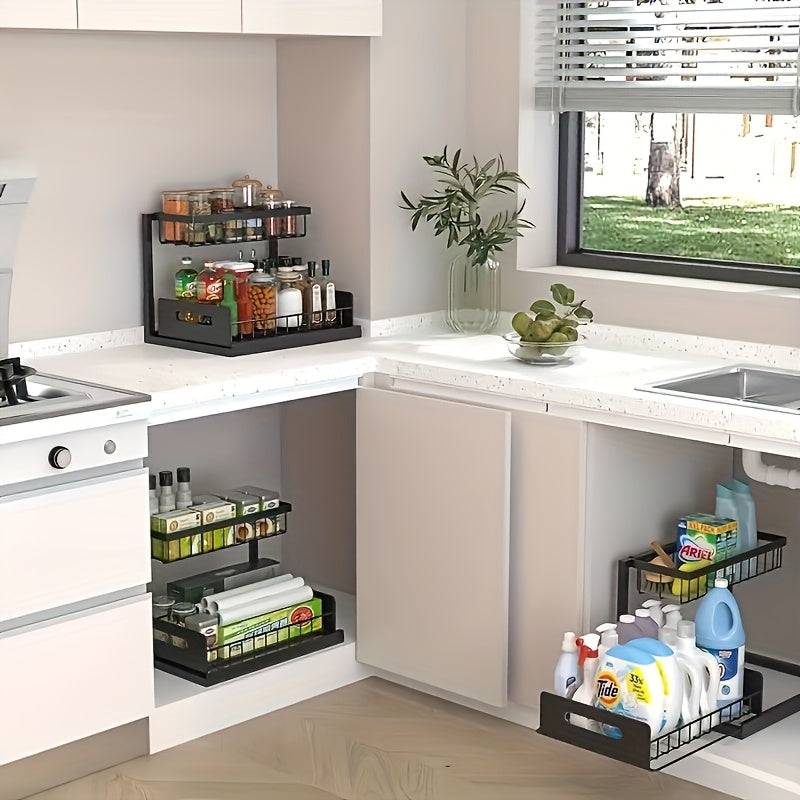 Two Tier Pull-Out Under Sink Organizer – Sliding Cabinet Shelf Storage for Kitchen or Bathroom, Space-Saving and Easy Access for Cleaning Supplies