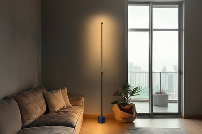 Minimalist LED Corner Floor Lamp – Dimmable Mood Lighting with Slim Black Stand for Modern Interior Spaces