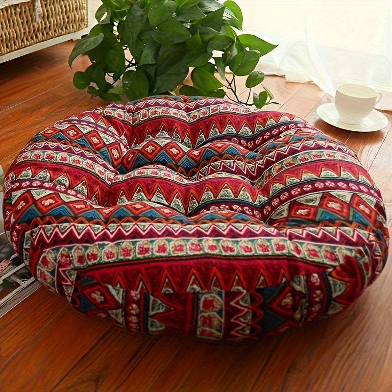 Bohemian Round Floor Cushion – Thick Cotton Linen Futon Pillow with Blue Floral Pattern, Perfect for Yoga, Meditation, Bay Window Seating, or Cozy Living Room Decor