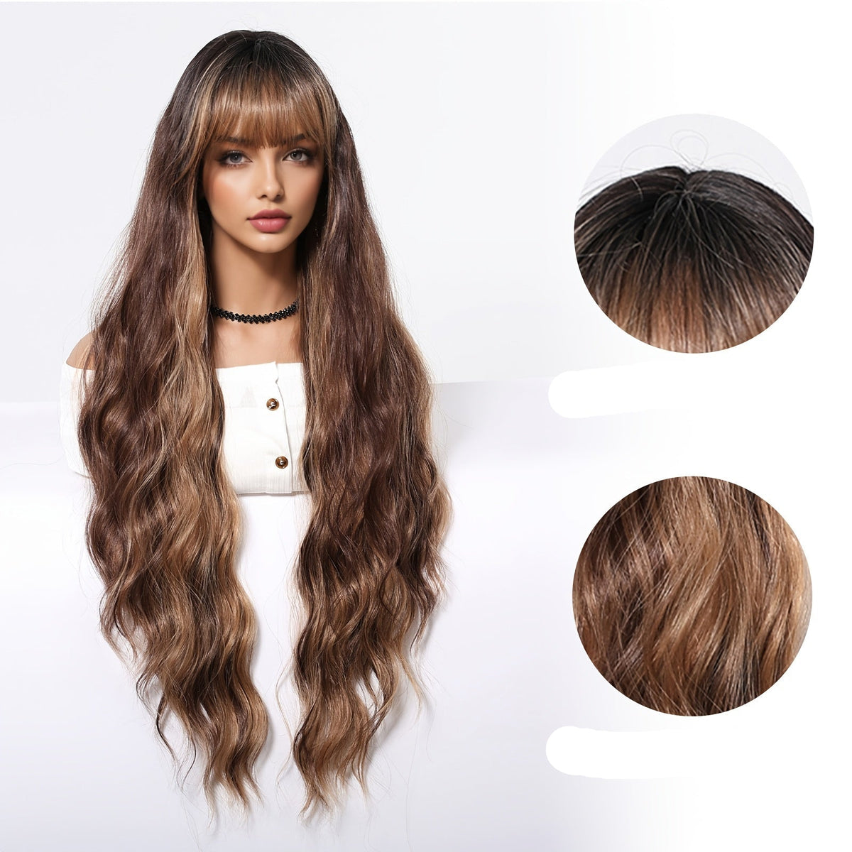 Brown Curly Wig with Bangs – 32” Heat-Resistant Synthetic Hair for Daily Wear and Effortless Style for Any Occasion
