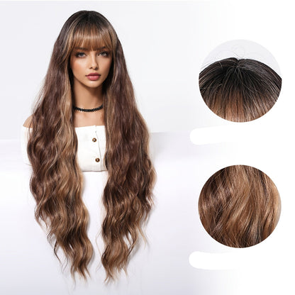 Brown Curly Wig with Bangs – 32” Heat-Resistant Synthetic Hair for Daily Wear and Effortless Style for Any Occasion