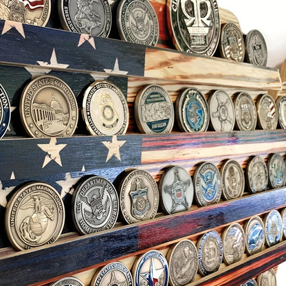 Vintage Wooden American Flag Coin Display – Handmade Wall-Mounted USA Shape Stand, Patriotic Art Piece for Challenge Coins, Police, Veterans, and Collectors’ Keepsake Home Decor