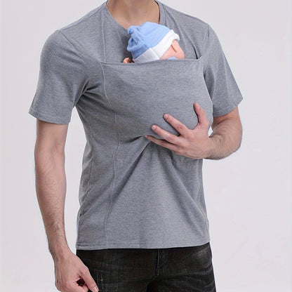 Men’s V-Neck Short Sleeve T-Shirt with Stylish Kangaroo Pocket – Breathable Polyester Blend Ideal for Everyday Casual Streetwear