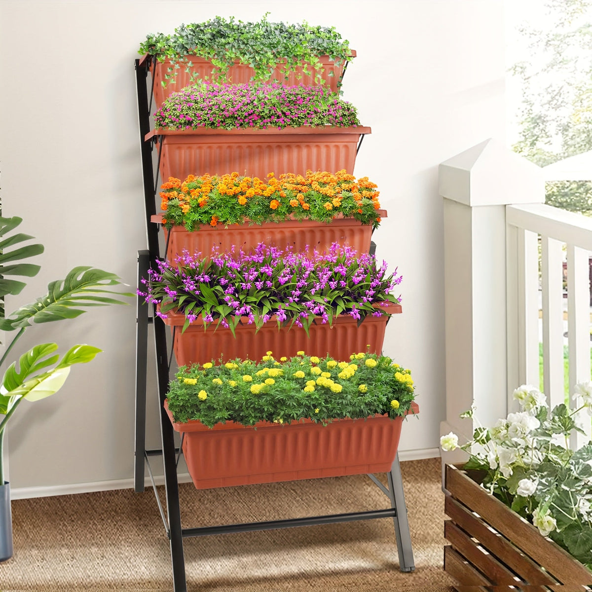Five Tier Vertical Garden Planter Box – 4 Feet Space-Saving Wall Grower for Herbs, Flowers, or Veggies that Beautifies Small Areas