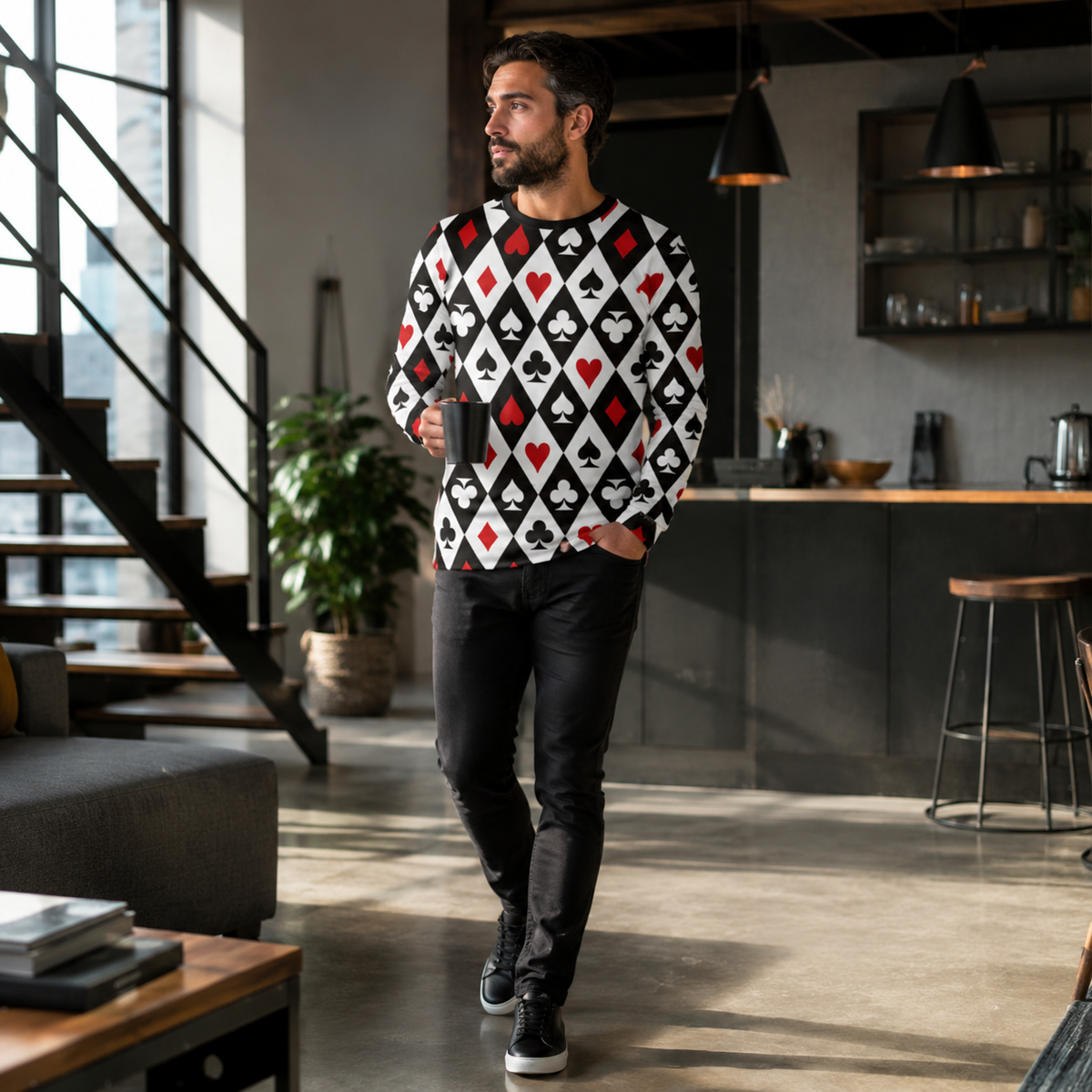 Men's Patchwork Denim Shirt - Vintage Inspired Long Sleeve Button Top with Stylish Grid Print Design