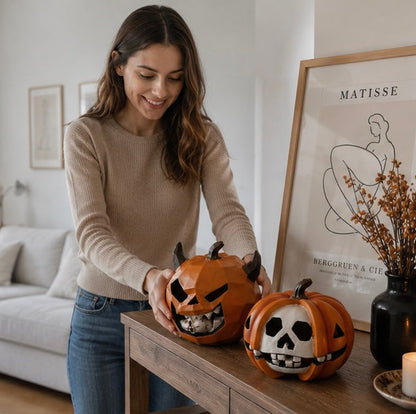 Halloween Pumpkin Skull Resin Figurine – Horror-Themed Decorative Ornament for Desktop Display, Creepy Crafts, and Festive Haunted Atmosphere Props