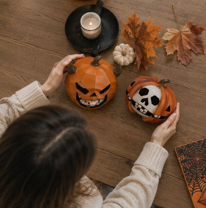 Halloween Pumpkin Skull Resin Figurine – Horror-Themed Decorative Ornament for Desktop Display, Creepy Crafts, and Festive Haunted Atmosphere Props