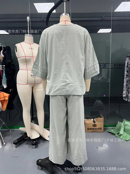 Women’s Loose Two-Piece Summer Set – Casual Button Shirt with 3/4 Sleeves and Slit Wide-Leg Pants for Effortless 2025 Style and Relaxed Elegance