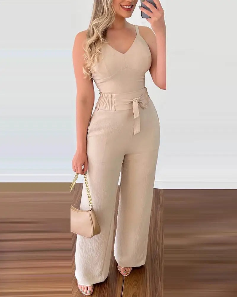 Solid Color V-Neck Shirred Jumpsuit for Women – Chic One-Piece Pants Set for Summer Dates & Casual Confidence