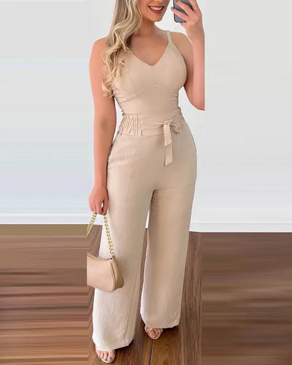Solid Color V-Neck Shirred Jumpsuit for Women – Chic One-Piece Pants Set for Summer Dates & Casual Confidence