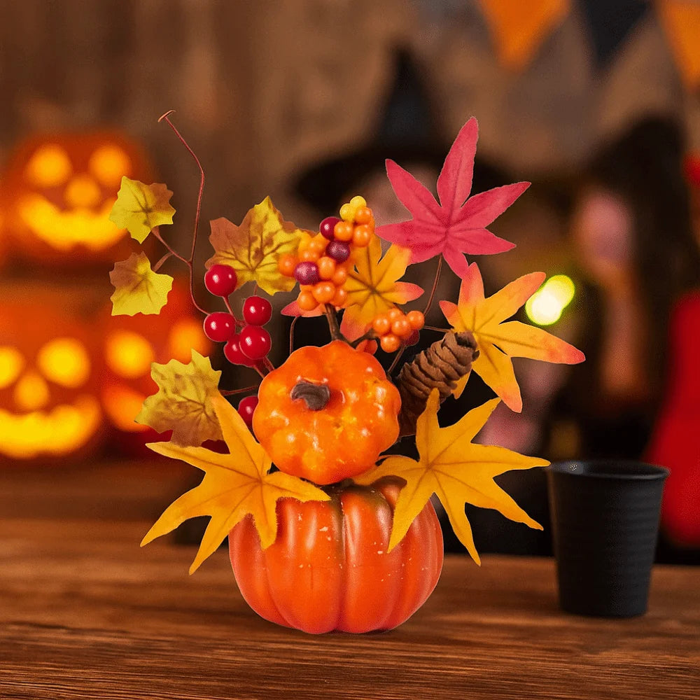 Decorative Maple Leaf and Pumpkin Ornament – Realistic Autumn Harvest Festival Arrangement for Home Scene Display and Seasonal Fall Decoration