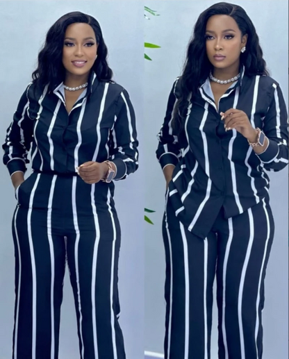 African Fashion Two Piece Set Striped Long Sleeve –  Button Shirt and Wide-Leg Pants for Chic Seasonal Style