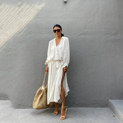 White Swimsuit Cover-Up Maxi Kaftan – Elegant Kimono-Style Beach Dress with Loose Fit, Side Pockets, and Lightweight Summer Tunic for Bathing Suits