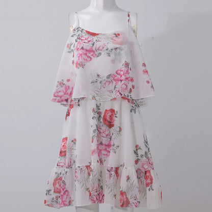 Ruffled Chiffon Summer Dress – Flower Printed, Shoulder Strap Style with European-Inspired Sexy Vibes for 2024 Chic
