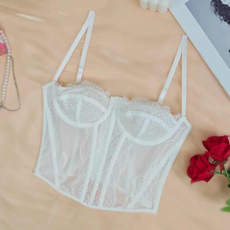 Lace Mesh Corset Top – Open Back Spaghetti Strap Bustier for Lingerie or Street Chic for Women