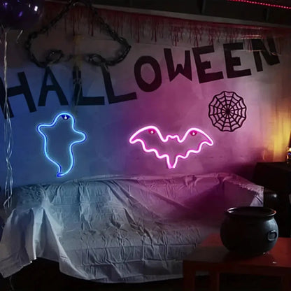 Halloween Bat Ghost Neon Table Lamp – LED Bat And Ghost Shaped Neon Light For Indoor Outdoor Party, Bedroom, Festival Decoration