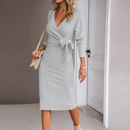 Sultry Lace-Up Bodycon Dress – Rib Knit Long Sleeve V-Neck for a Commuting Chic Look